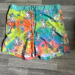 Top Drawer Unicorn Print Beach Swim Trunk Shorts Mesh Lined Orange Teal Mens XL